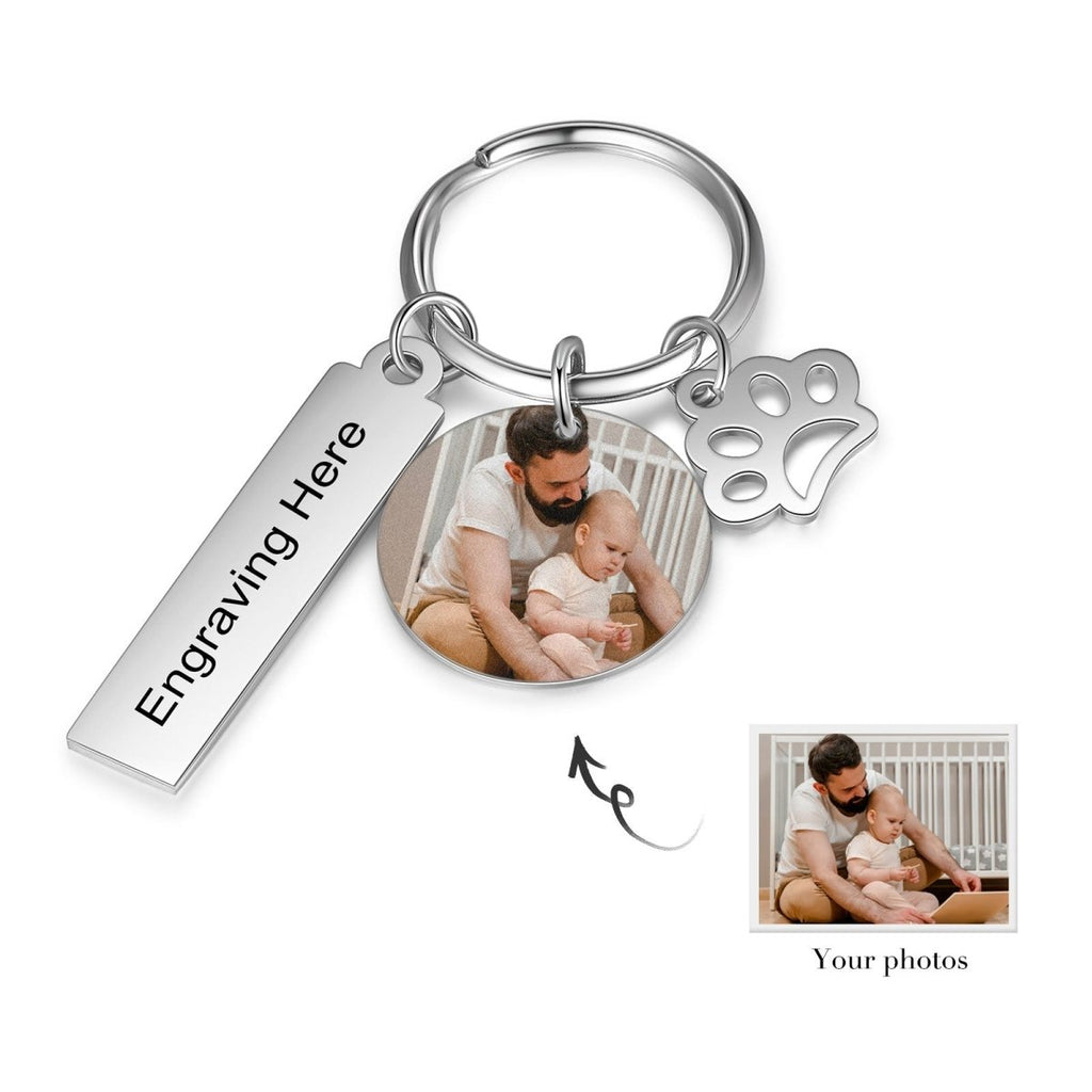 Charms Photo Keychain, Personalised Stainless Steel Photo Round Keychain, Engraved Charm Photo Keyring, Steel Picture Key Chain - Engraved Memories