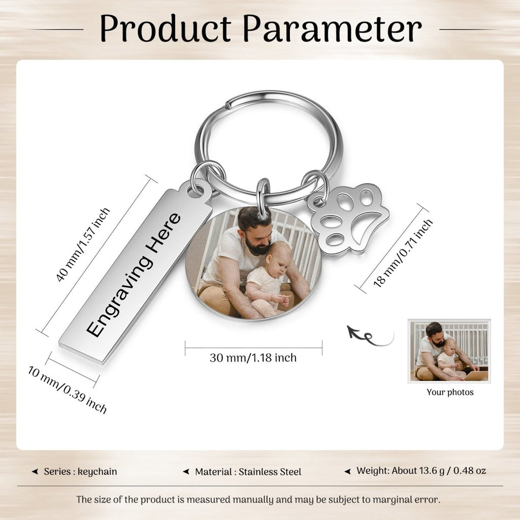 Charms Photo Keychain, Personalised Stainless Steel Photo Round Keychain, Engraved Charm Photo Keyring, Steel Picture Key Chain - Engraved Memories