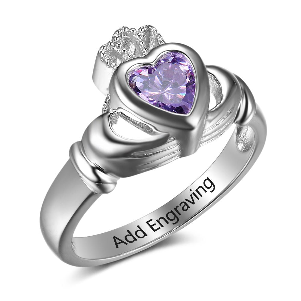 Personalized Sterling Silver 925 Claddagh ring with heart birthstone and crown, Celtic jewelry.