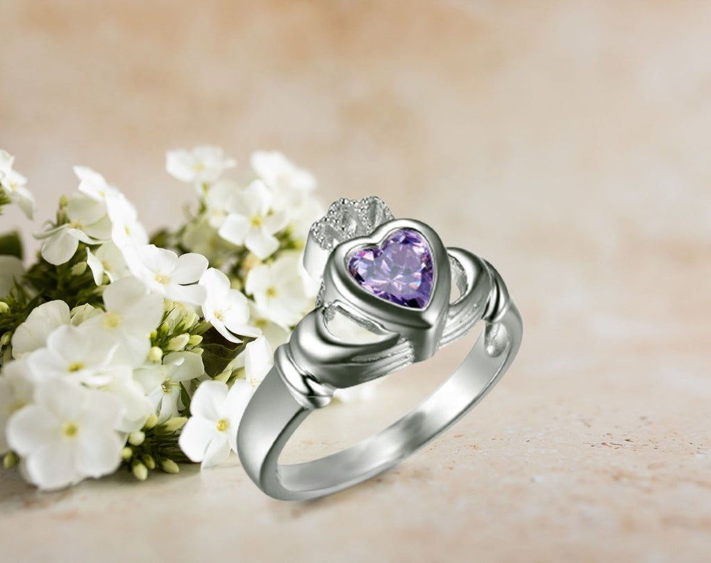 Personalized Sterling Silver 925 Claddagh ring with heart birthstone and crown, Celtic jewelry.