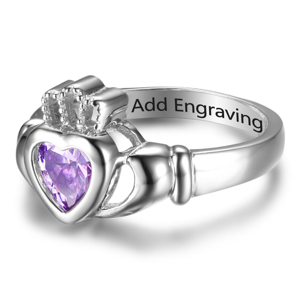 Personalized Sterling Silver 925 Claddagh ring with heart birthstone and crown, Celtic jewelry.