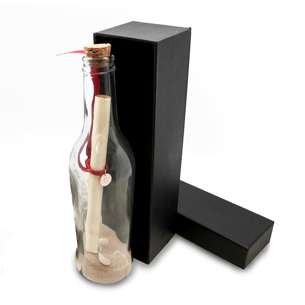 Luxury message in a bottle, glass with sand and seashells, red satin ribbon, personalized charm, 22cm.
