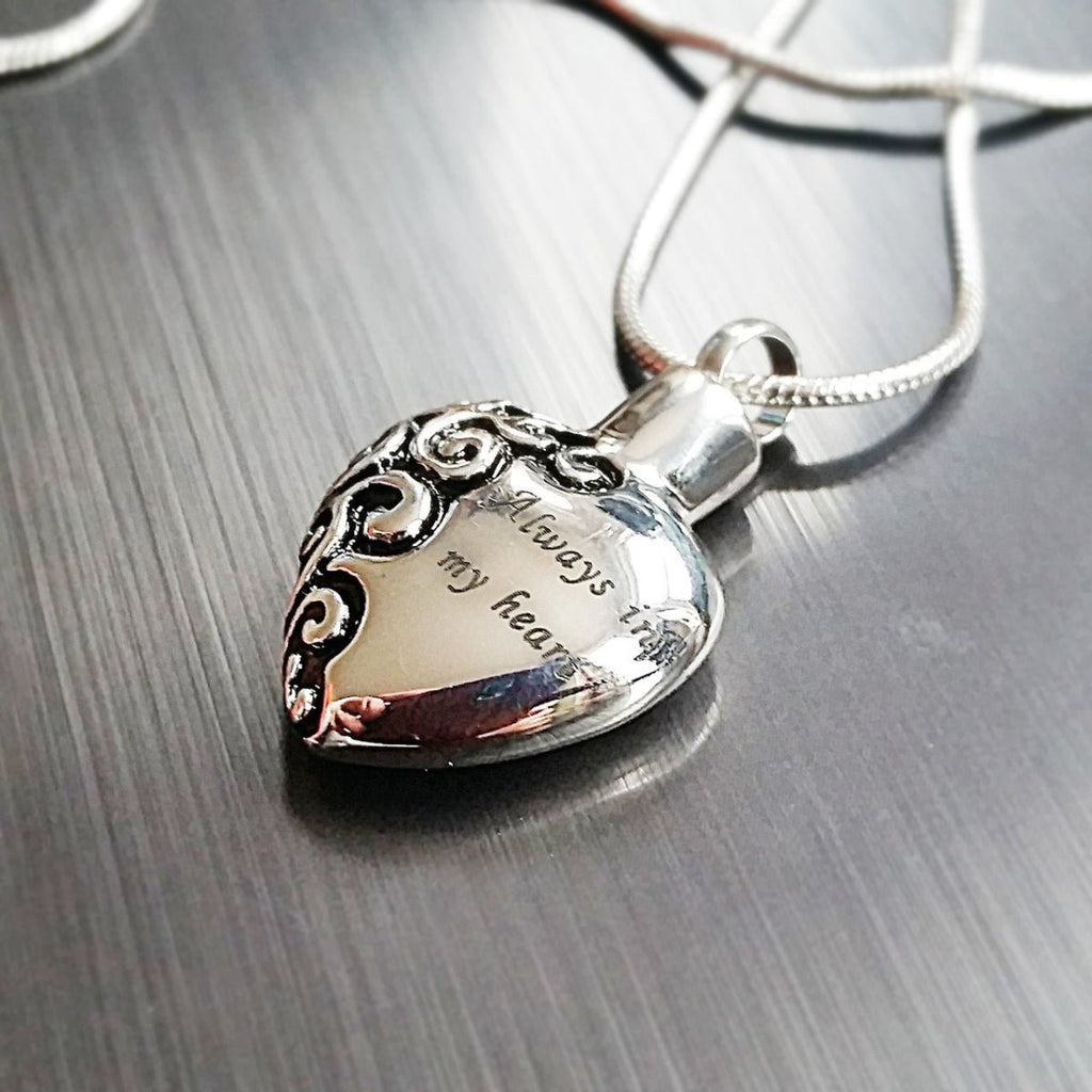"Always in my heart" cremation jewellery, heart pendant with necklace - Engraved Memories