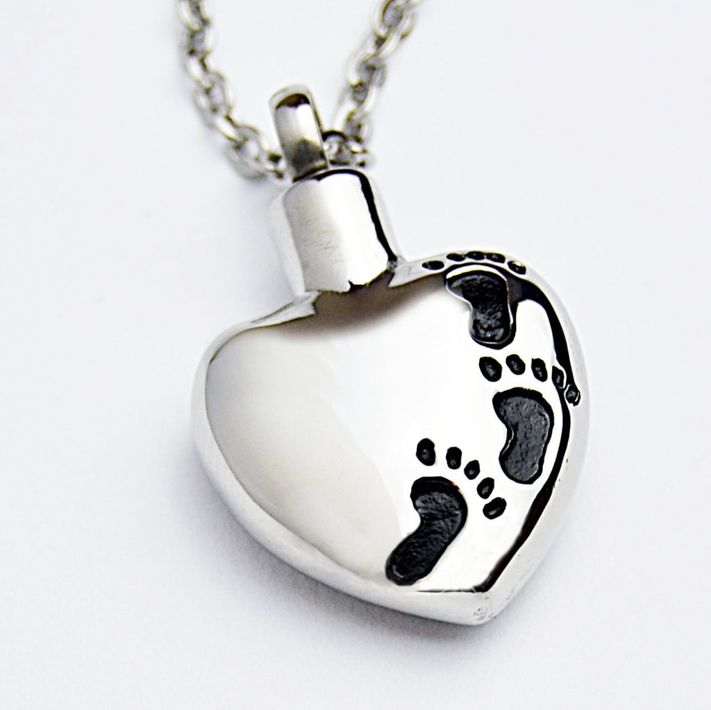Cremation Jewellery, Footprints On Heart Stainless Steel - Engraved Memories