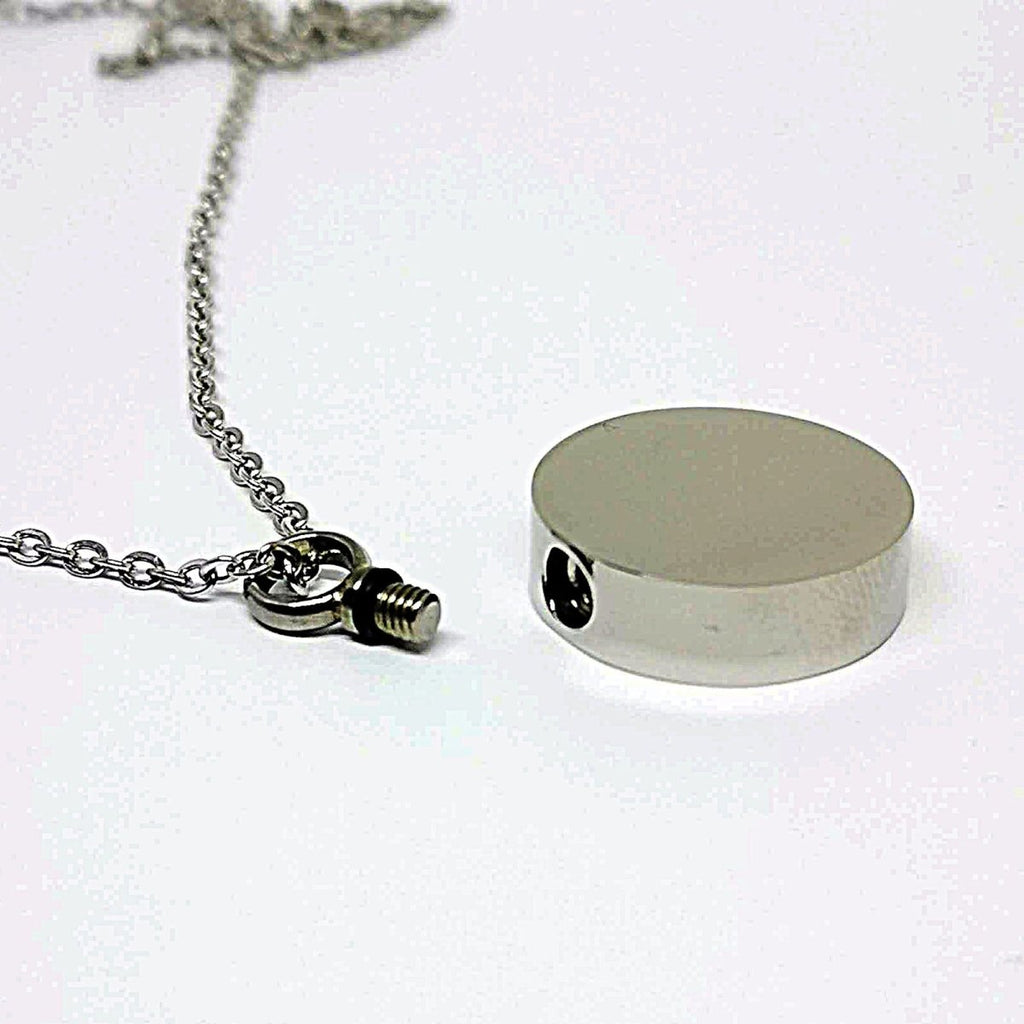 Memorial cremation ashes necklace, thick round urn pendant, 316L stainless steel, photo engraving, 20-inch chain.