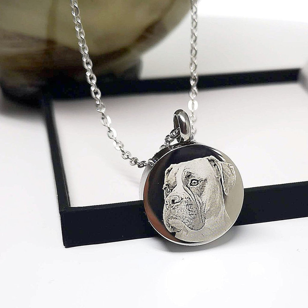 Memorial cremation ashes necklace, thick round urn pendant, 316L stainless steel, photo engraving, 20-inch chain.