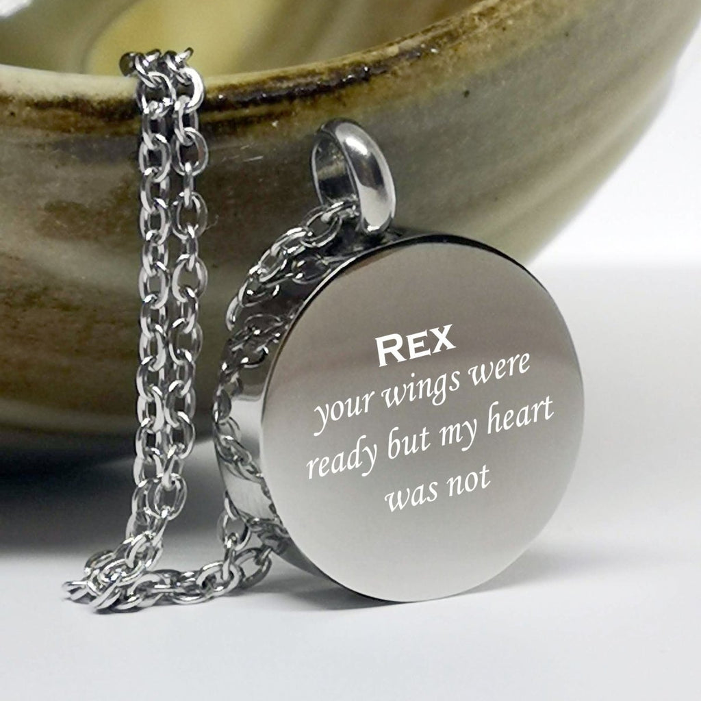 Memorial cremation ashes necklace, thick round urn pendant, 316L stainless steel, photo engraving, 20-inch chain.