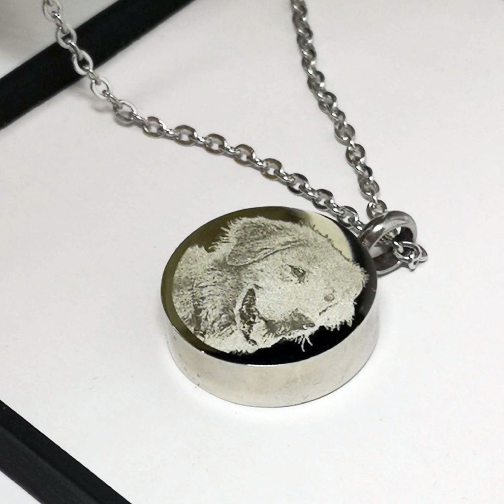 Memorial cremation ashes necklace, thick round urn pendant, 316L stainless steel, photo engraving, 20-inch chain.