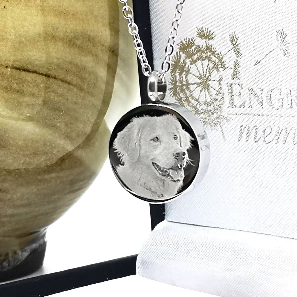 Memorial cremation ashes necklace, thick round urn pendant, 316L stainless steel, photo engraving, 20-inch chain.