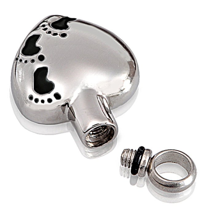 Memorial cremation ashes necklace, heart pendant with footprints, 316L stainless steel, 22-inch chain.