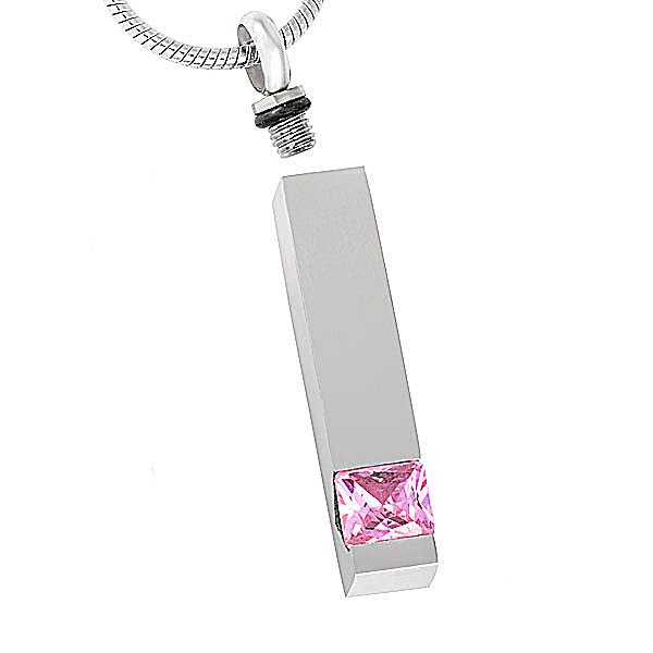 Engravable cremation keepsake bar pendant with pink gemstone, 316L stainless steel, 19-inch chain.