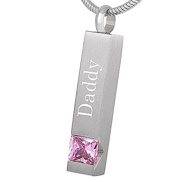 Engravable cremation keepsake bar pendant with pink gemstone, 316L stainless steel, 19-inch chain.