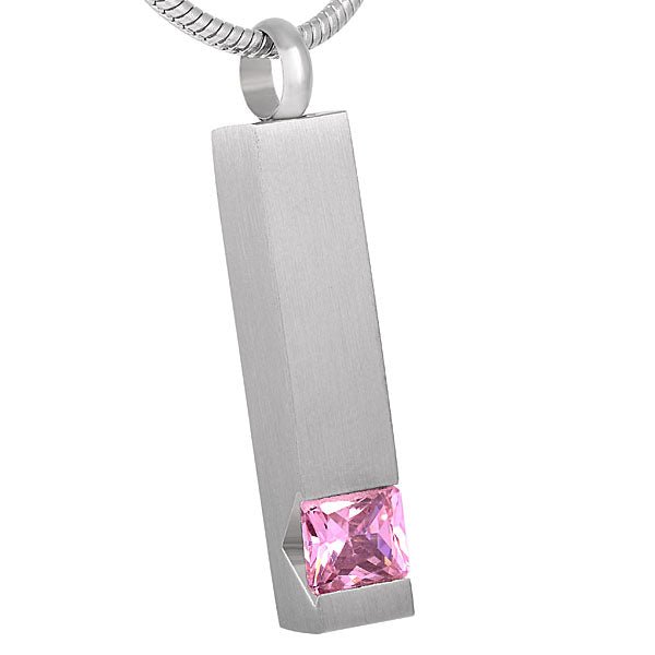 Engravable cremation keepsake bar pendant with pink gemstone, 316L stainless steel, 19-inch chain.
