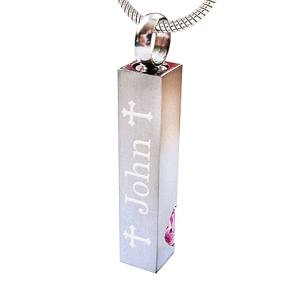 Engravable cremation keepsake bar pendant with pink gemstone, 316L stainless steel, 19-inch chain.