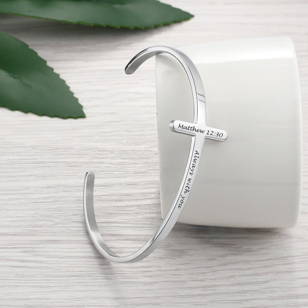 Personalized stainless steel cross bangle bracelet, open style, 21.5cm, 8.5g weight.