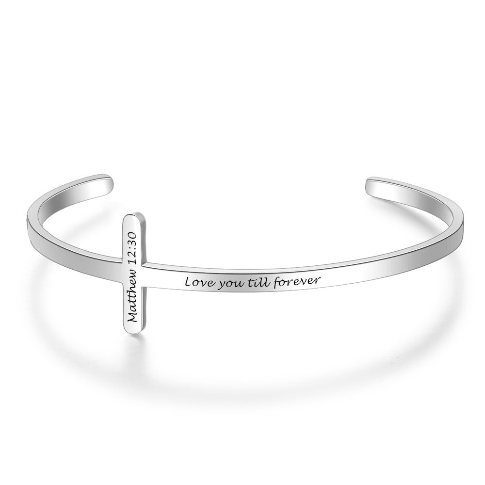 Cross Bangle Bracelet, Personalised Stainless Steel Open Bangle Bracelet - Engraved Memories