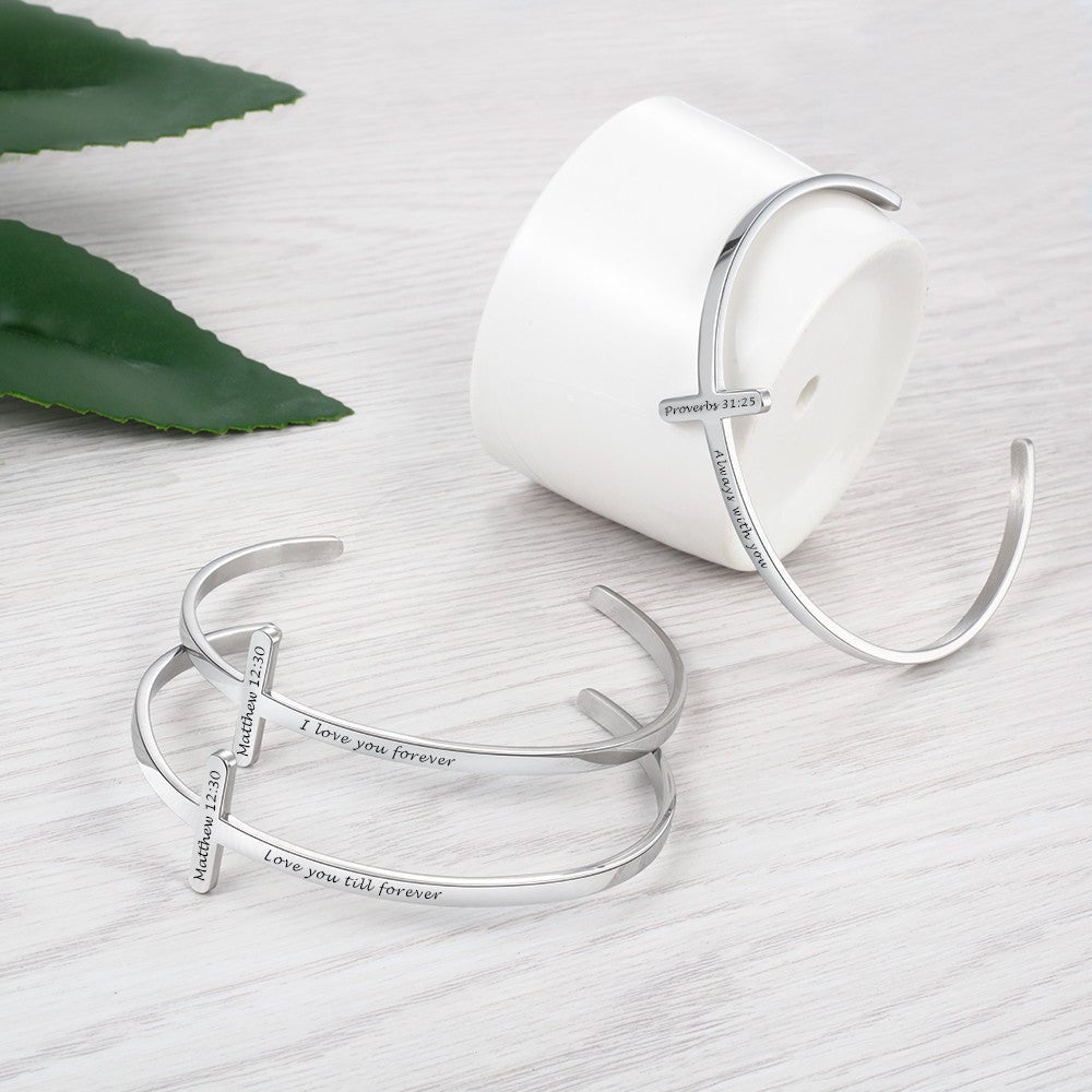 Personalized stainless steel cross bangle bracelet, open style, 21.5cm, 8.5g weight.
