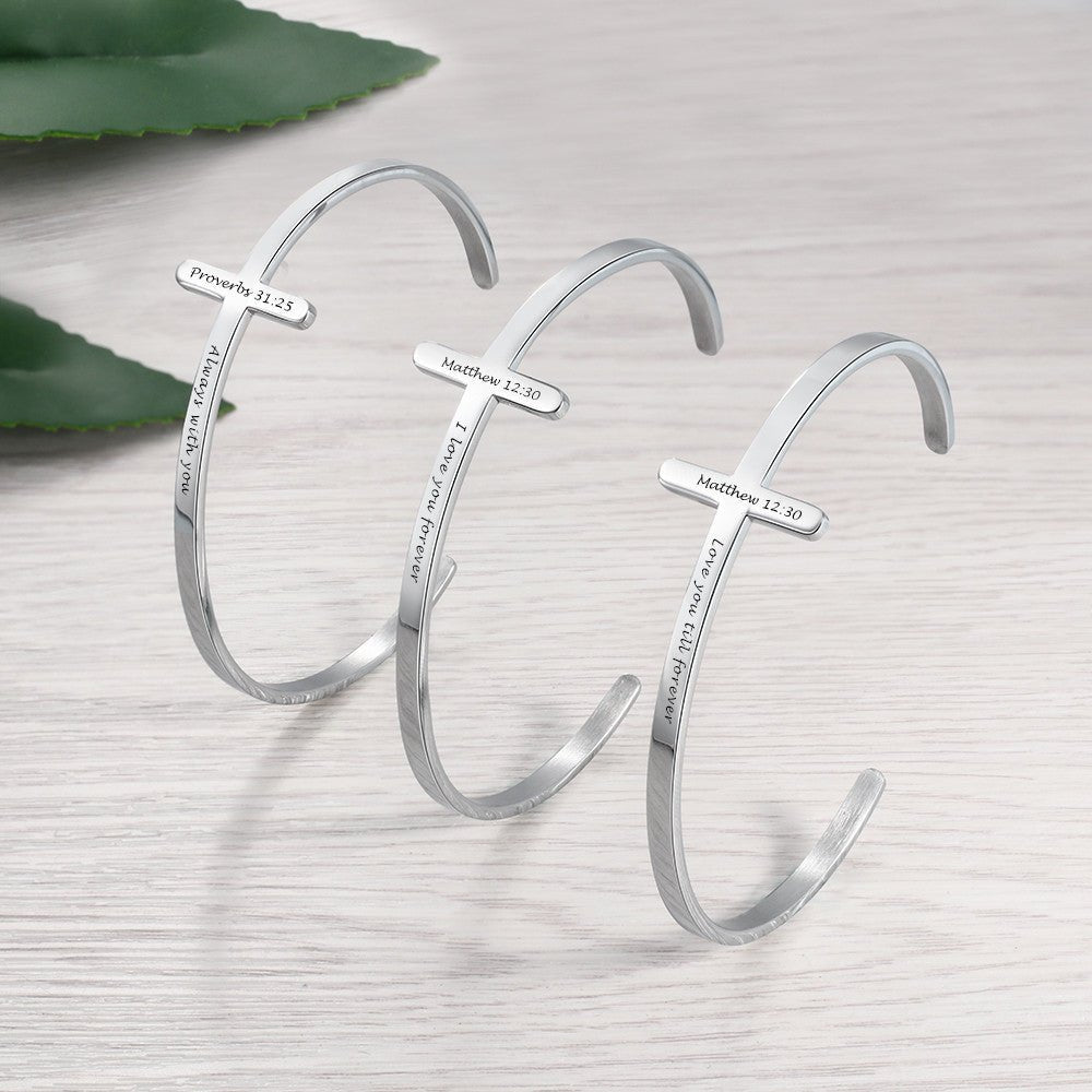 Personalized stainless steel cross bangle bracelet, open style, 21.5cm, 8.5g weight.