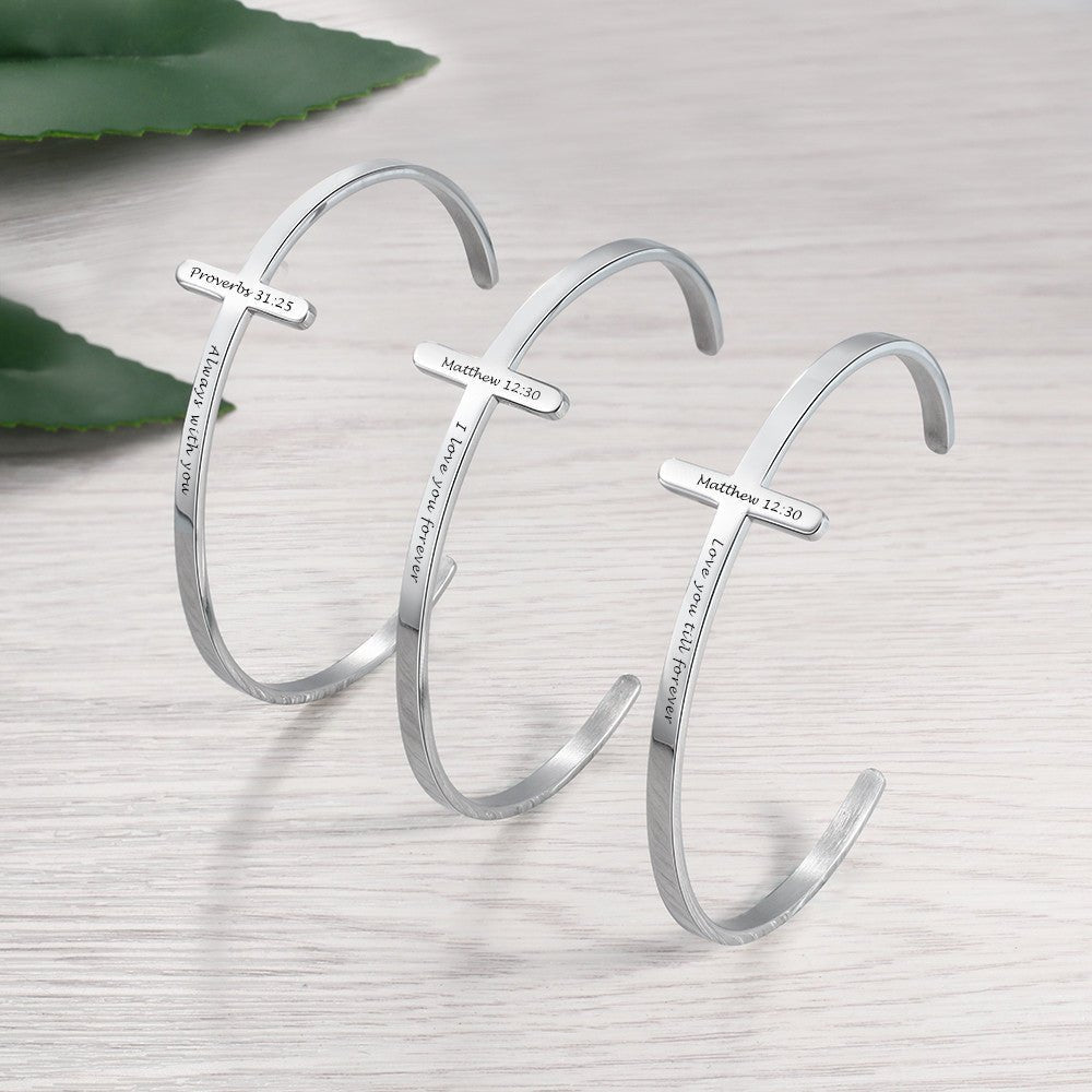 Cross Bangle Bracelet, Personalised Stainless Steel Open Bangle Bracelet - Engraved Memories
