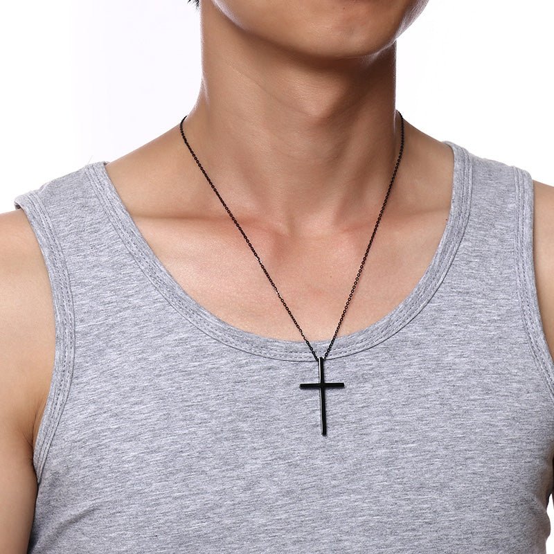 Personalized men's cross necklace, rose gold or black stainless steel, 56+5cm chain, 6.5g weight.