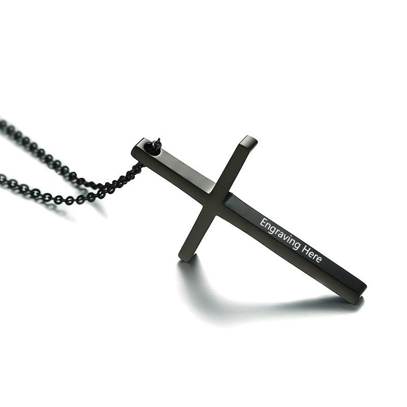 Personalized men's cross necklace, rose gold or black stainless steel, 56+5cm chain, 6.5g weight.