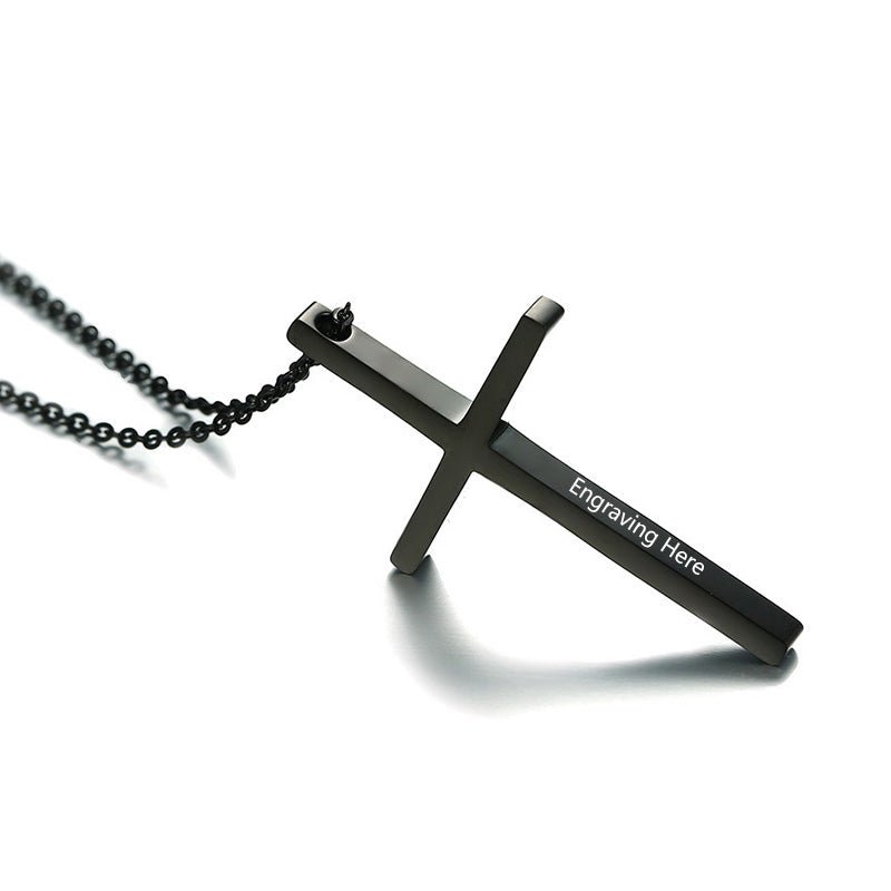 Cross Necklace, Personalised Men's Cross Pendant with Chain, Religious Necklace, Black or Gold - Engraved Memories