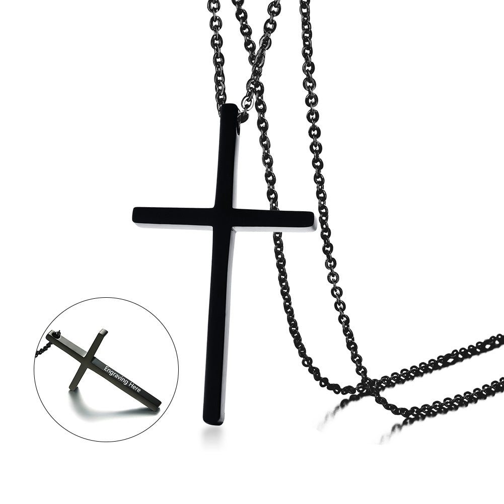 Cross Necklace, Personalised Men's Cross Pendant with Chain, Religious Necklace, Black or Gold - Engraved Memories