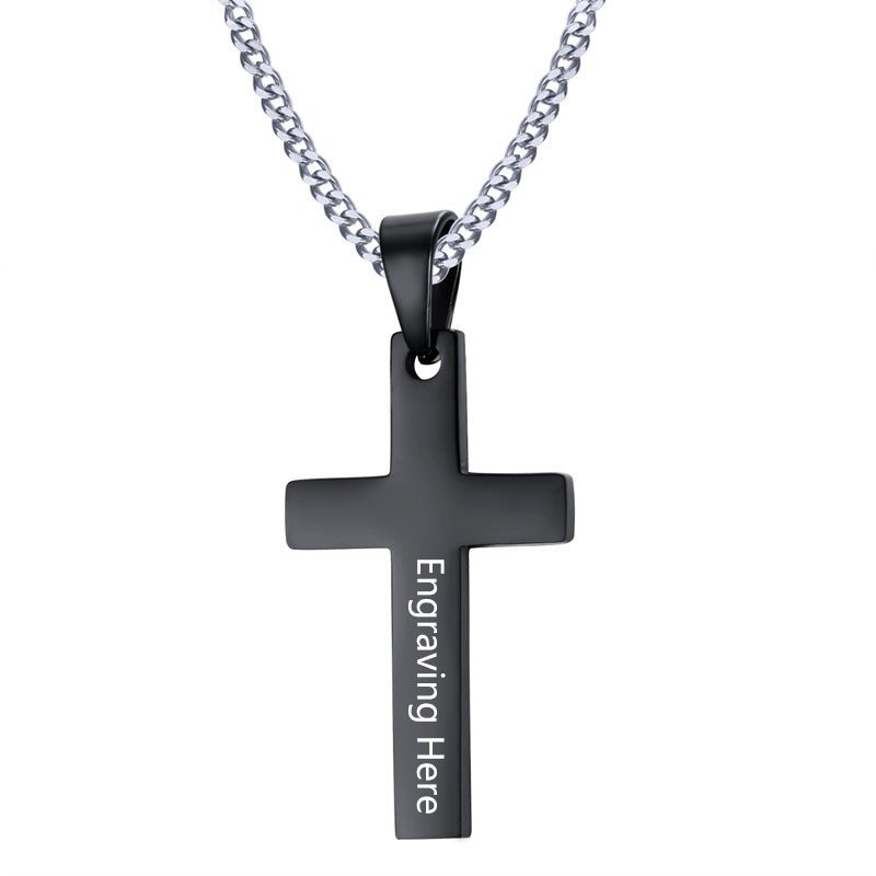 Personalized men's cross pendant necklace, gold or rose gold plated stainless steel, 60cm chain, 5g weight.