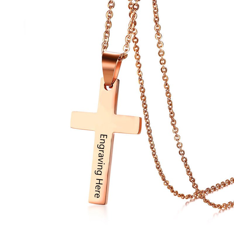 Personalized men's cross pendant necklace, gold or rose gold plated stainless steel, 60cm chain, 5g weight.