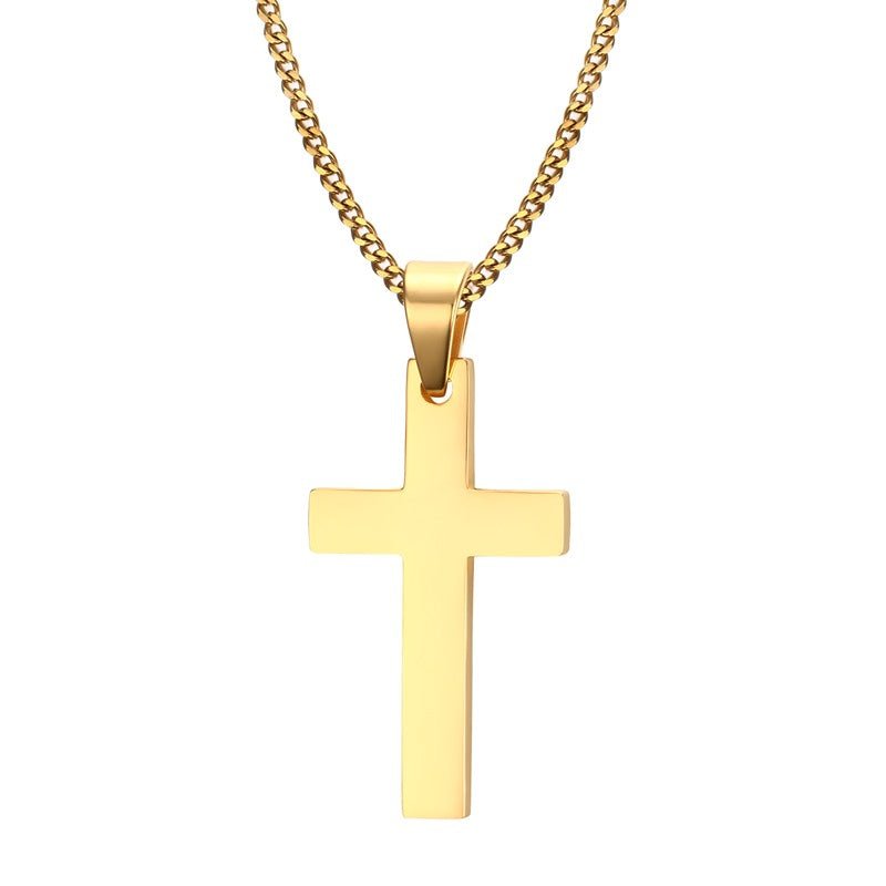 Personalized men's cross pendant necklace, gold or rose gold plated stainless steel, 60cm chain, 5g weight.