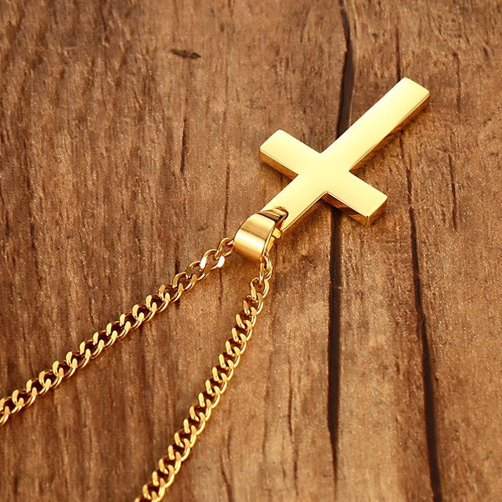 Personalized men's cross pendant necklace, gold or rose gold plated stainless steel, 60cm chain, 5g weight.