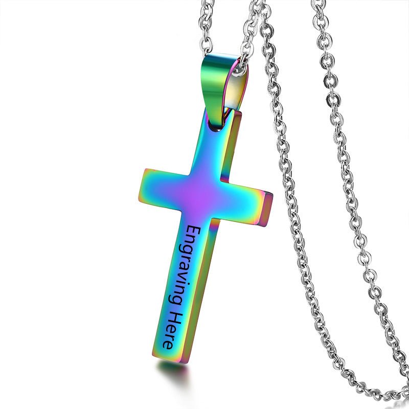 Personalized men's cross pendant necklace, gold or rose gold plated stainless steel, 60cm chain, 5g weight.