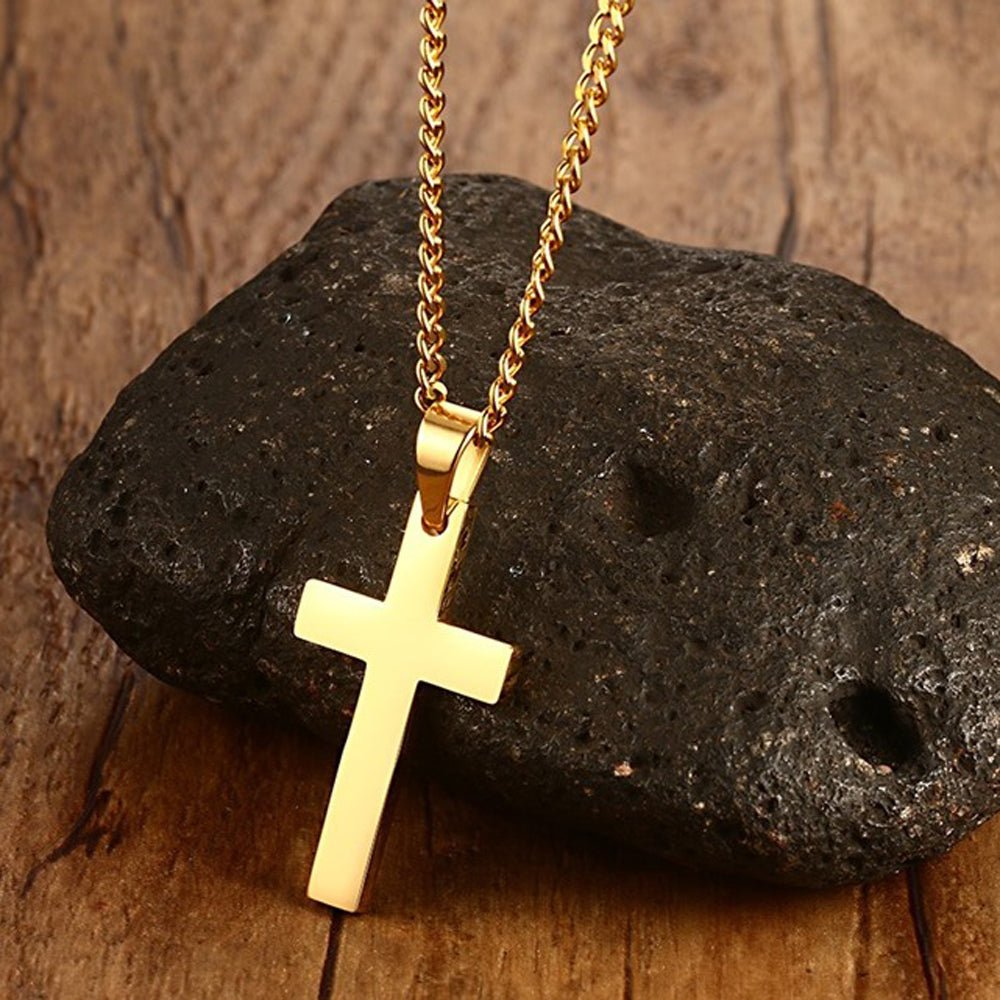 Personalized men's cross pendant necklace, gold or rose gold plated stainless steel, 60cm chain, 5g weight.
