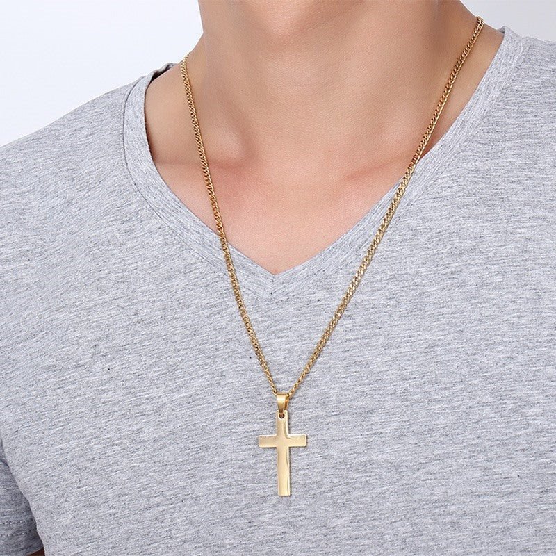 Personalized men's cross pendant necklace, gold or rose gold plated stainless steel, 60cm chain, 5g weight.