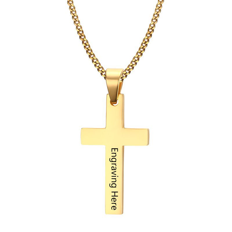 Personalized men's cross pendant necklace, gold or rose gold plated stainless steel, 60cm chain, 5g weight.
