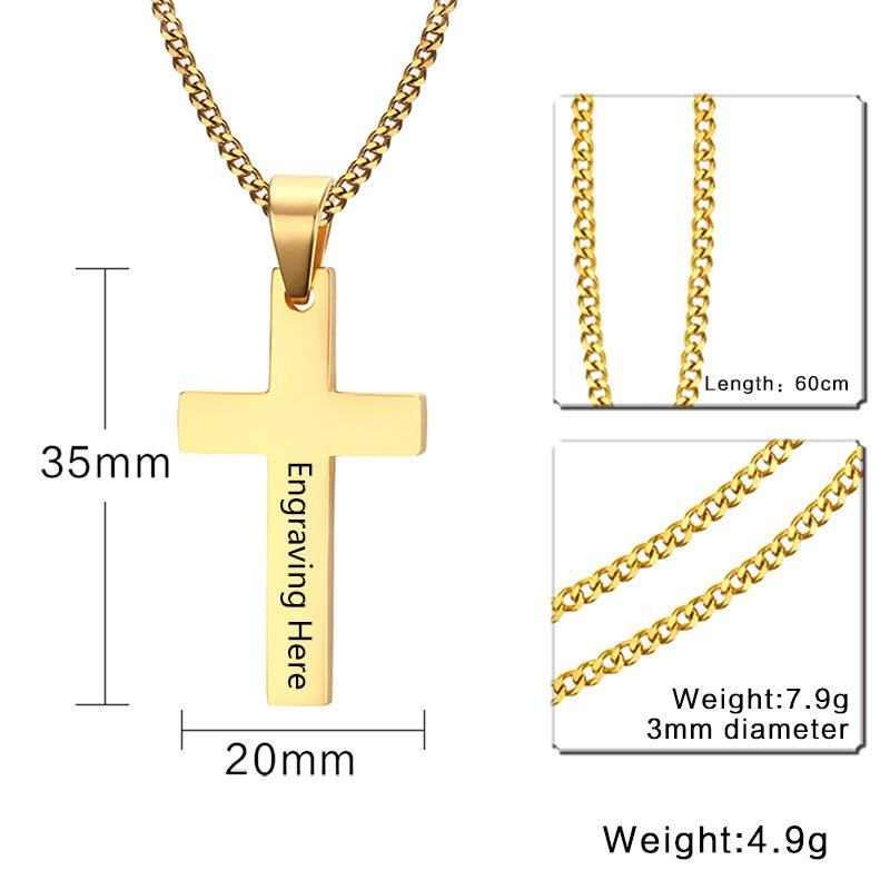 Personalized men's cross pendant necklace, gold or rose gold plated stainless steel, 60cm chain, 5g weight.