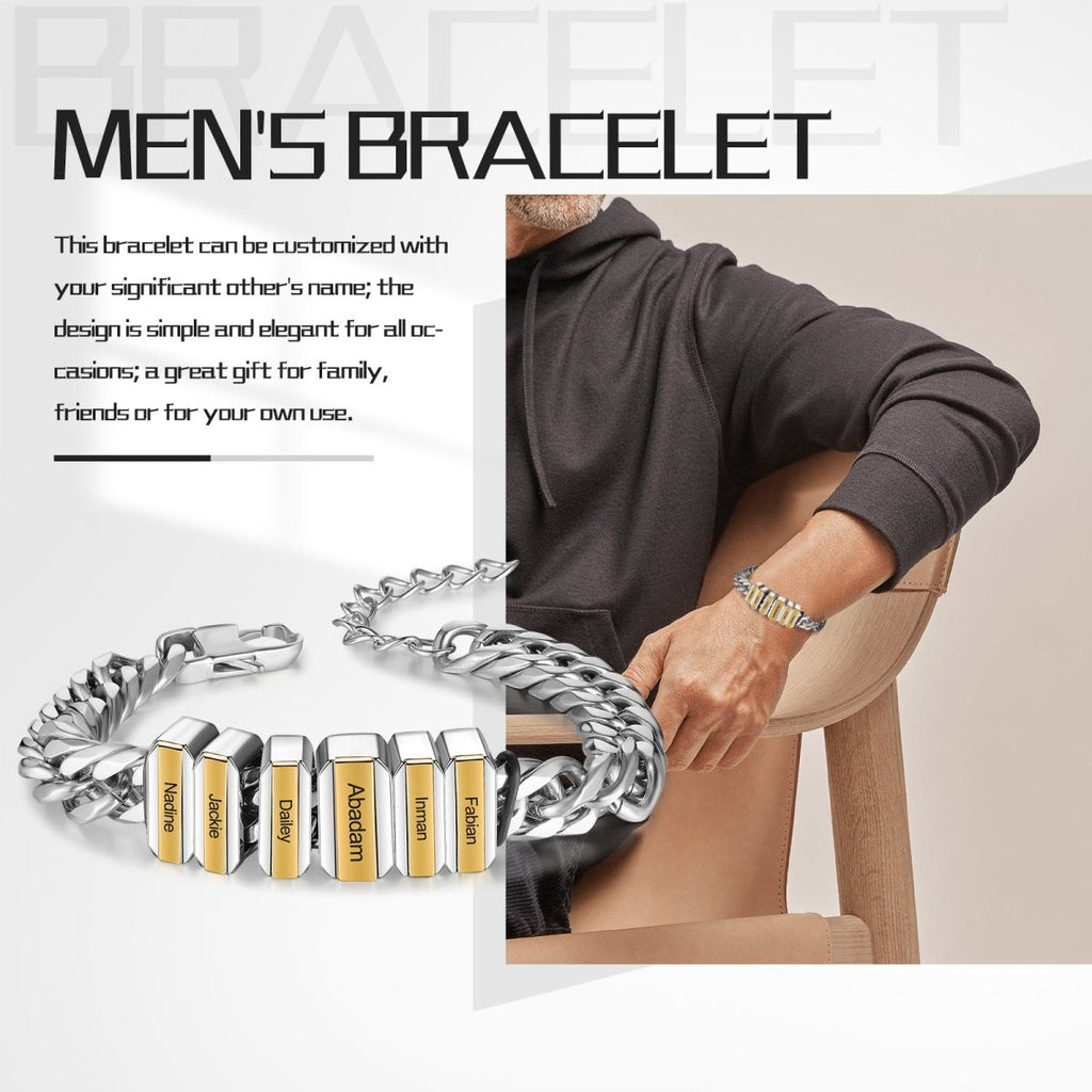 Personalized Cuban link men's bracelet, 316L stainless steel, 21cm, 11mm thick, engraved name beads, 65g.