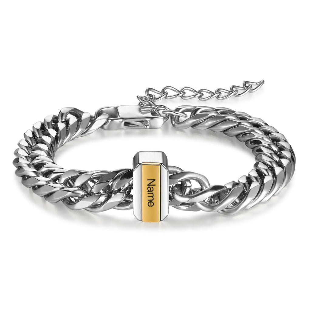 Personalized Cuban link men's bracelet, 316L stainless steel, 21cm, 11mm thick, engraved name beads, 65g.