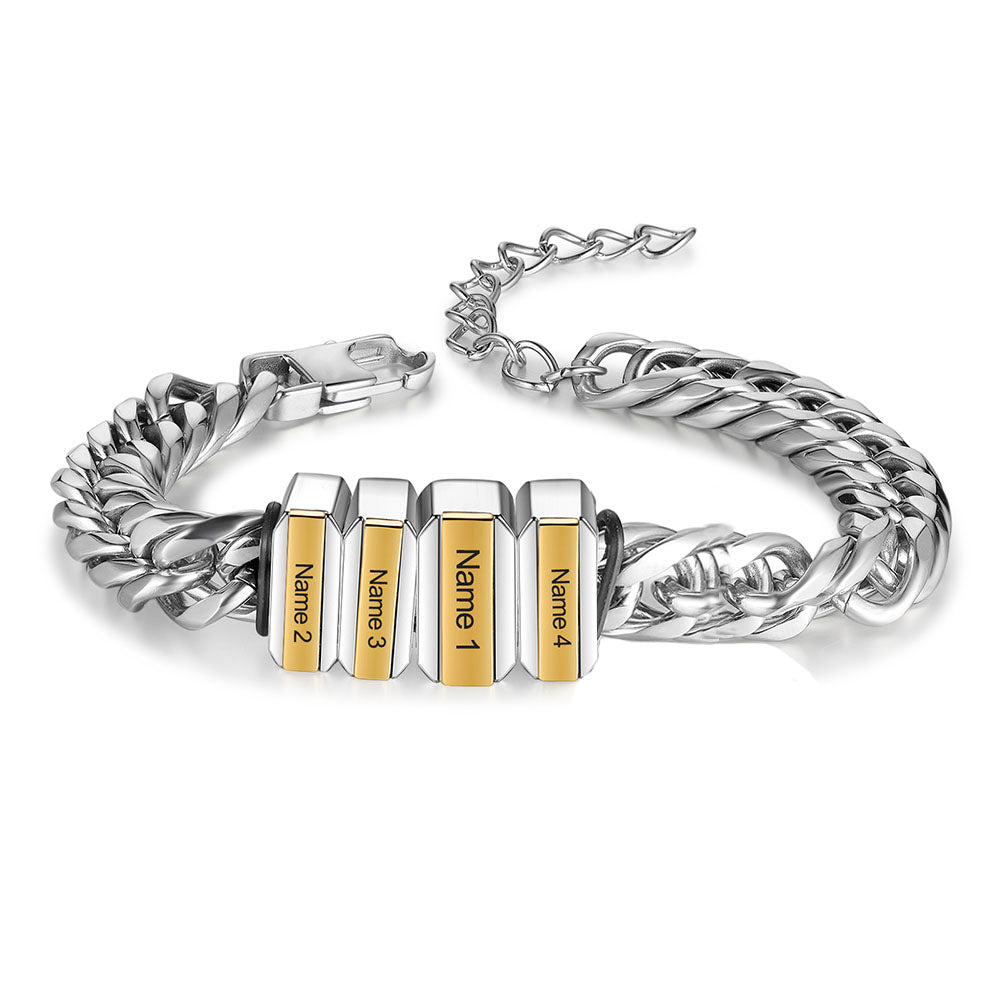 Personalized Cuban link men's bracelet, 316L stainless steel, 21cm, 11mm thick, engraved name beads, 65g.