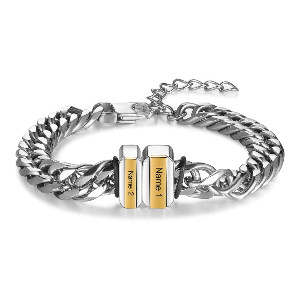 Personalized Cuban link men's bracelet, 316L stainless steel, 21cm, 11mm thick, engraved name beads, 65g.
