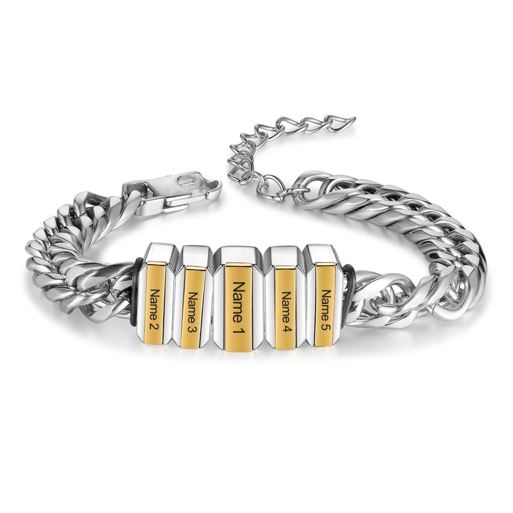 Personalized Cuban link men's bracelet, 316L stainless steel, 21cm, 11mm thick, engraved name beads, 65g.