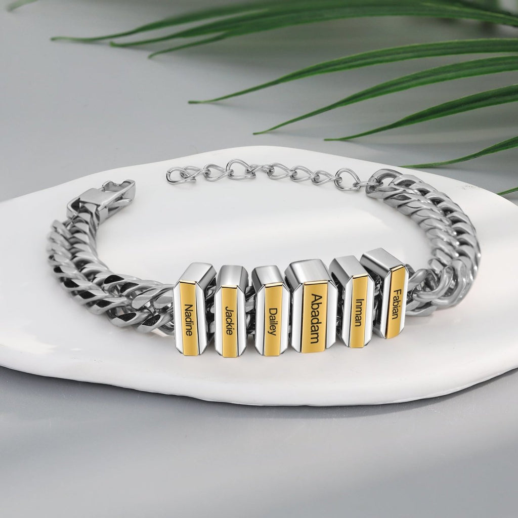 Personalized Cuban link men's bracelet, 316L stainless steel, 21cm, 11mm thick, engraved name beads, 65g.