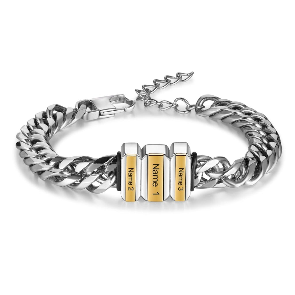 Personalized Cuban link men's bracelet, 316L stainless steel, 21cm, 11mm thick, engraved name beads, 65g.