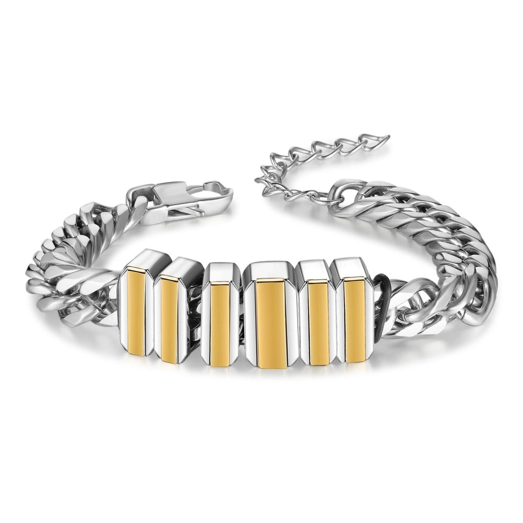 Personalized Cuban link men's bracelet, 316L stainless steel, 21cm, 11mm thick, engraved name beads, 65g.