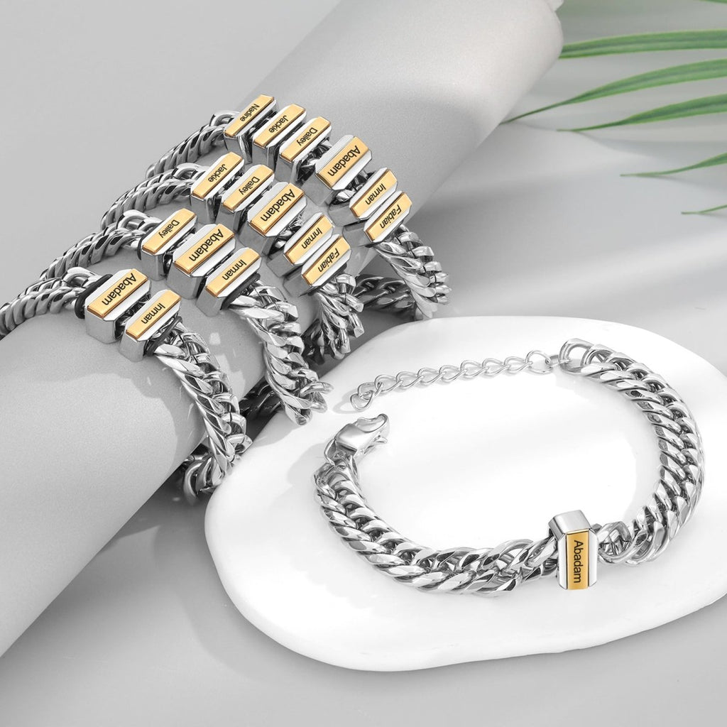 Personalized Cuban link men's bracelet, 316L stainless steel, 21cm, 11mm thick, engraved name beads, 65g.