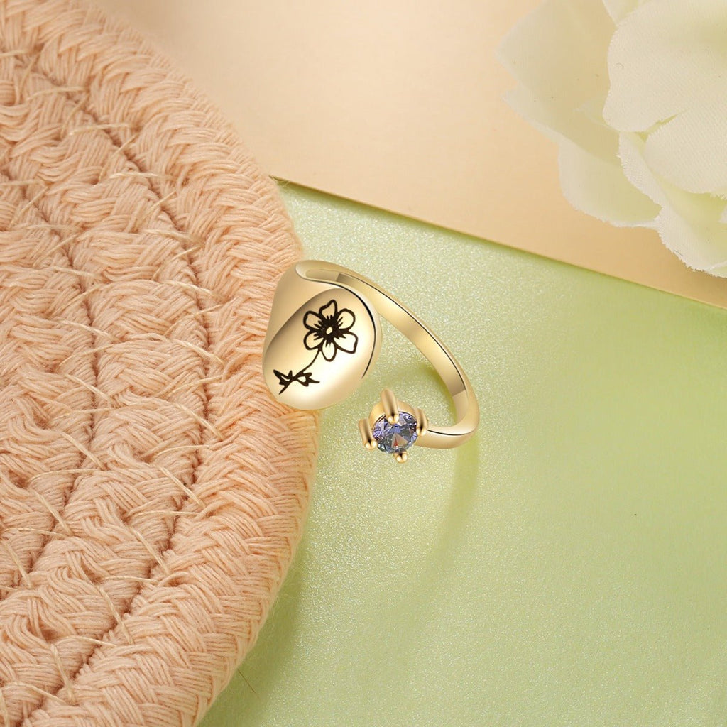 Custom birth flower ring with birthstone, adjustable open design, gold-plated copper, 2.4g weight, personalized gift for any occasion.