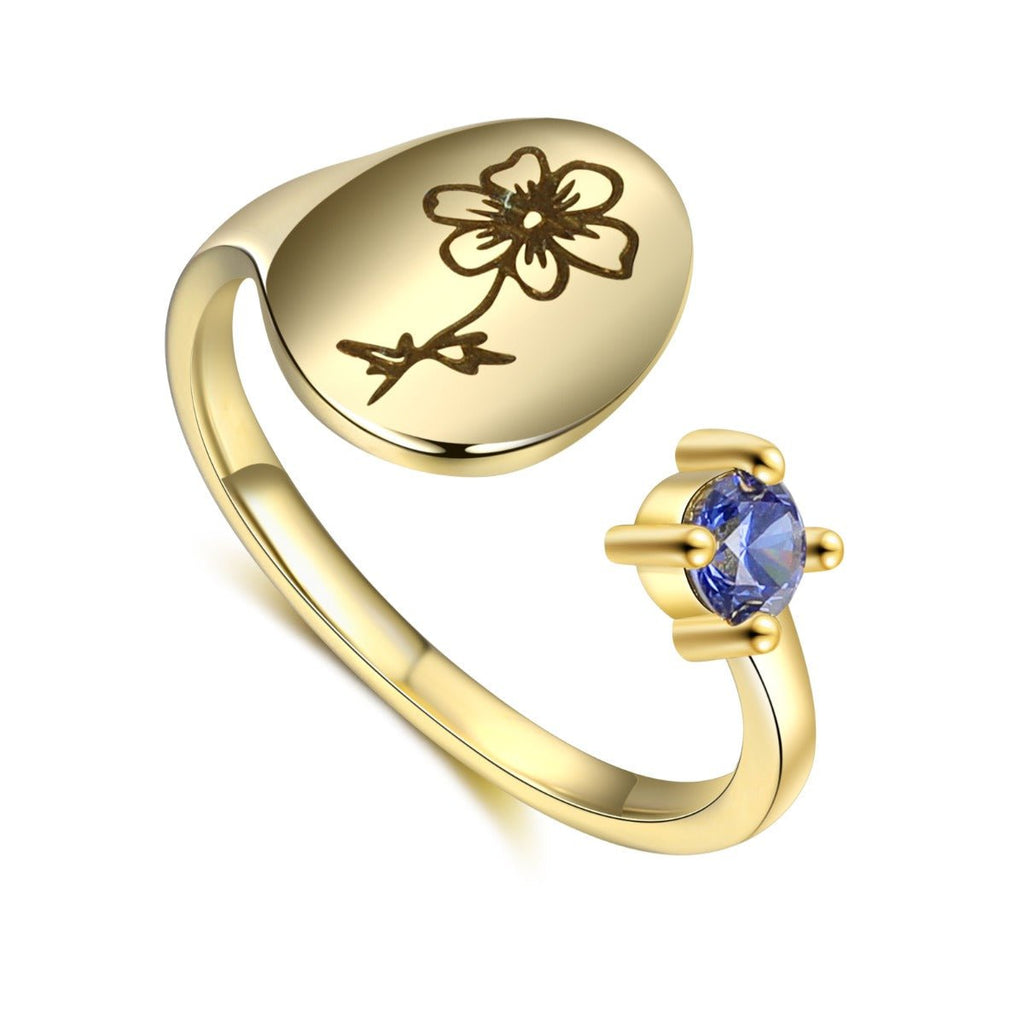 Custom birth flower ring with birthstone, adjustable open design, gold-plated copper, 2.4g weight, personalized gift for any occasion.