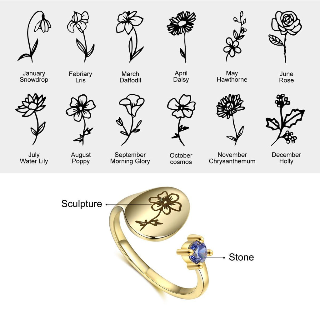 Custom birth flower ring with birthstone, adjustable open design, gold-plated copper, 2.4g weight, personalized gift for any occasion.