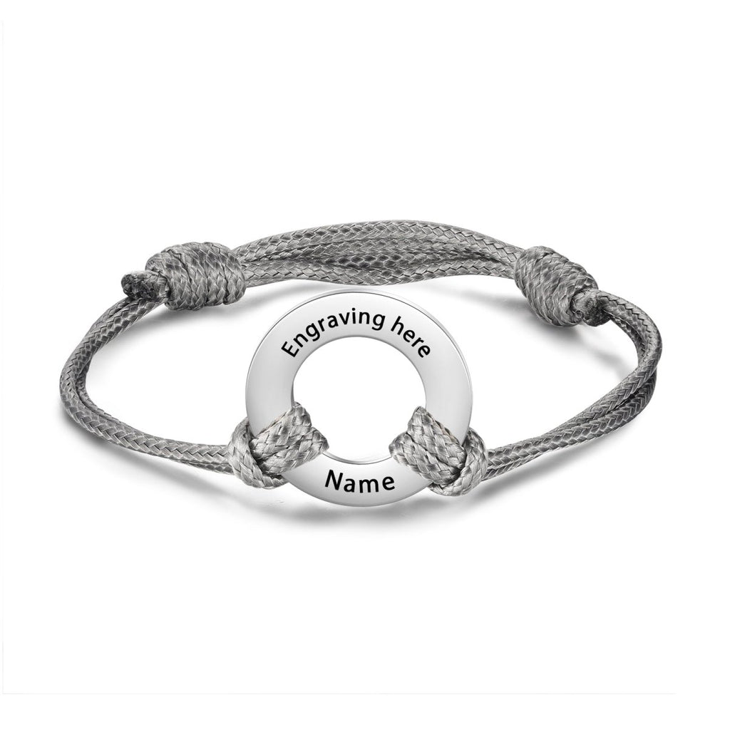 Custom engraved coordinates disc bracelet, personalized stainless steel and rope, 24cm, 6.1g, available in multiple color options.