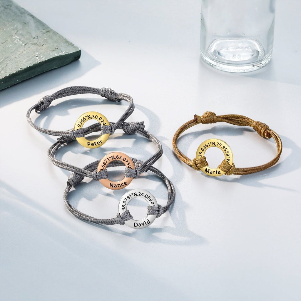 Custom engraved coordinates disc bracelet, personalized stainless steel and rope, 24cm, 6.1g, available in multiple color options.